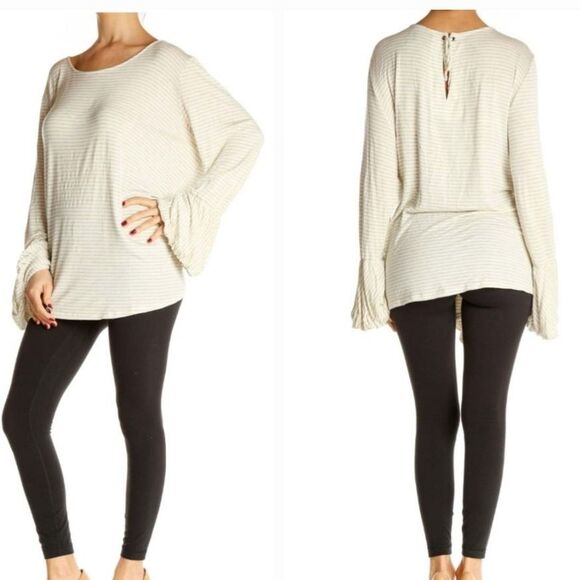 bobeau Tops - NWT Bobeau Women’s Top 1X Cream Tan Stripe Long Sleeve Blouse Keyhole Back Shirt